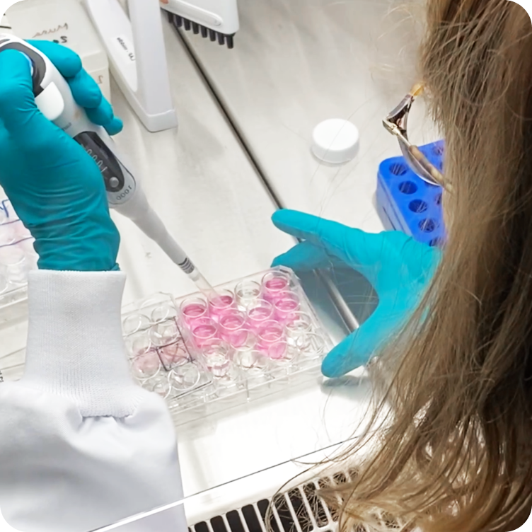 A photo over the shoulder of a lab technician as they pipette into a tray.