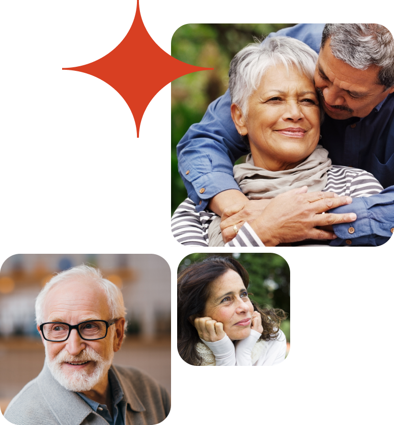 Cluster of three patients in their 40’s-60’s, all with rounded corners and overlaid with an orange four-pointed star.